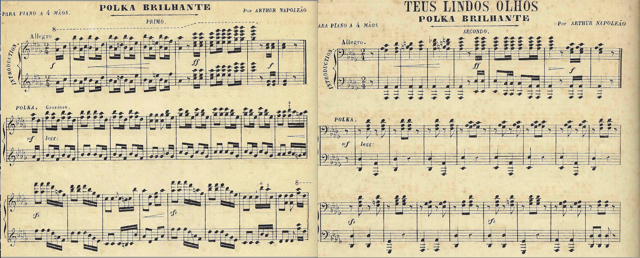 Teus Lindos Olhos, Polca brilhante de Artur Napoleão para piano a quatro mãos. Executada em conferência/recital pelo Centro de Pesquisas em Musicologia em 1970 em São Paulo e no I Forum de Música Alemanha/Brasil na Europa, em 1982. De trabalhos com Manuel IVo Cruz. Pesquisas de A.A.Bispo da década de 1960