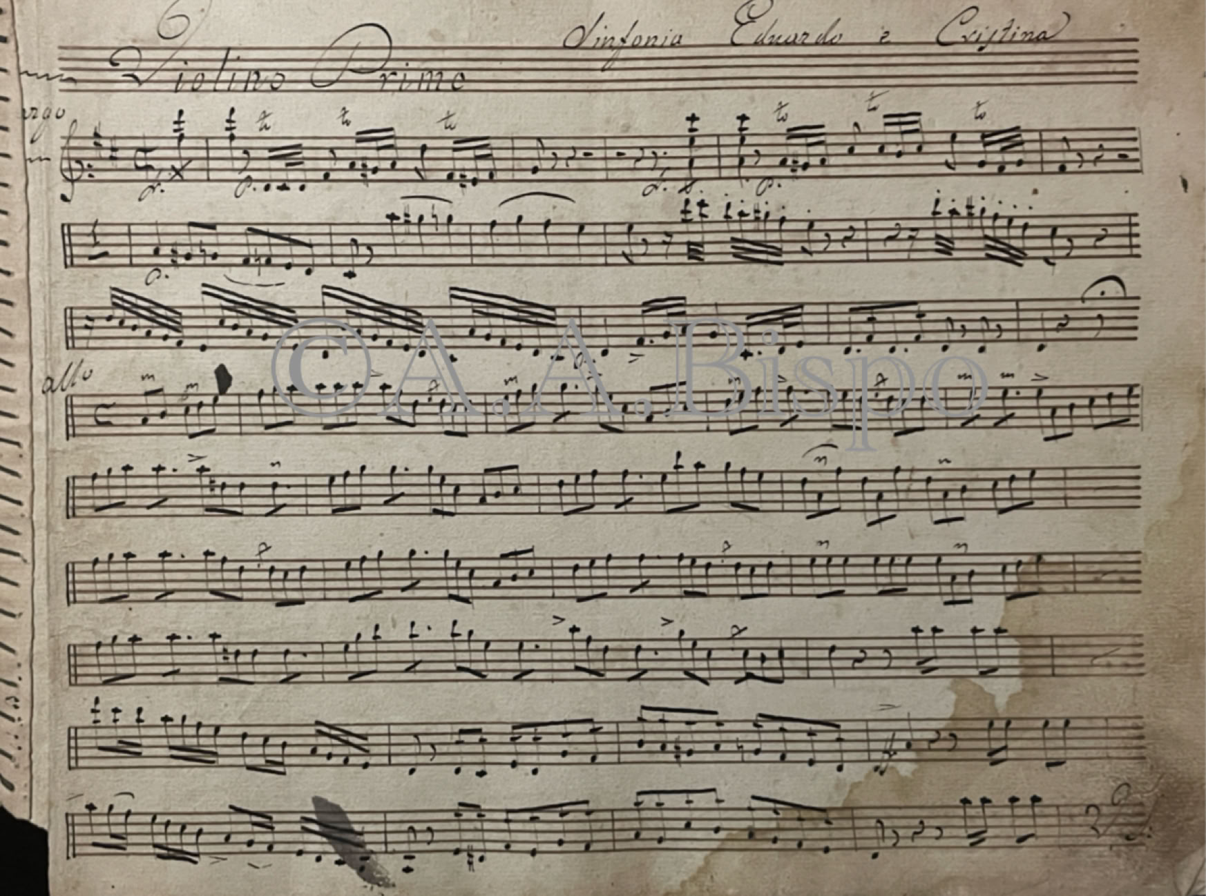 Parte do primeiro violino da sinfonia da ópera Eduardo e Cristina de G. Rossini do repertório do vale do Paraíba, S. Paulo. Pesquisas de A.A.Bispo