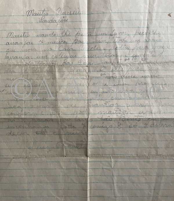 Carta do mestre da Irmandade de S. Benedito da paróquia da Casa Verde, S. Paulo pedindo apoio de Veríssimo Gloria. Pesquisas de A.A.Bispo. Copyright