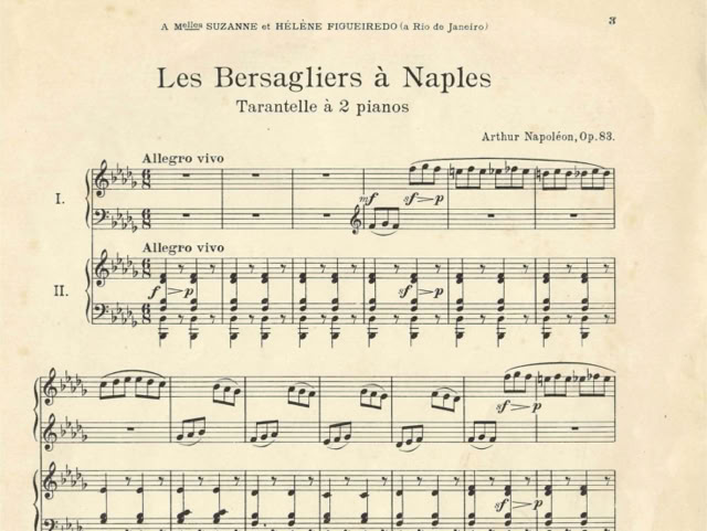 Tarantela brilhante Les Bersagliers à Naples de Artur Napoleão. Tratada em conferência concerto promovida pelo movimento Nova Difusão em São Paulo, em 1970. Em 1982, foi executada na Europa no âmbito do Fórum de Música Alemanha-Brasil. Pesquisas de A.A.Bispo da década de 1960
