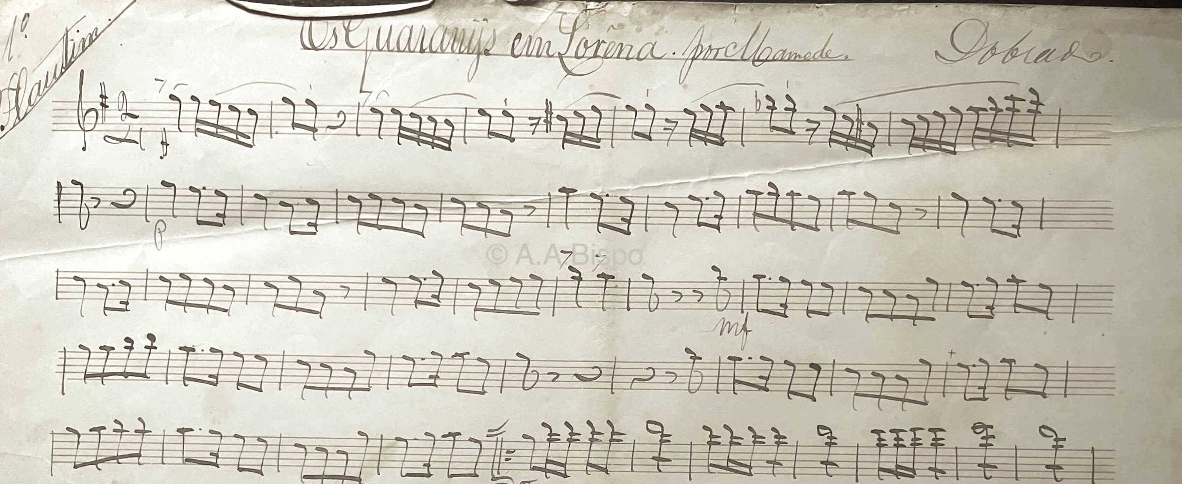 Dobrado Os Guaranis em Lorena por Mamede de Campos, compositor de Lorena. Parte de Flautim. As obras de Mamede de Campos foram pela primeira vez estudadas sob aspectos musicológicos na década de 1960. Acervo A.A.Bispo. Copyright