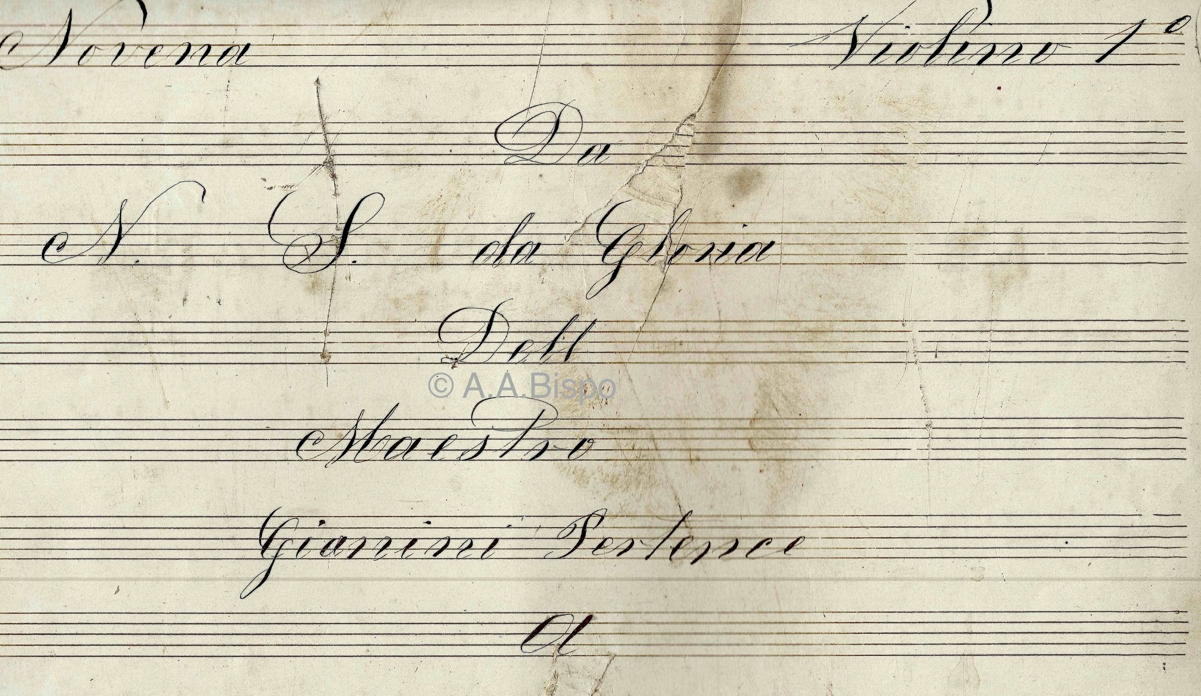 Folha de rosto da parte de 1. violino da Novena da Glória de G. Giannini, compositor e regente italiano atuante no Rio de Janeiro em meados do século XIX. Pesquisas de A.A.Bispo.Acervo A.A.Bispo. Copyright