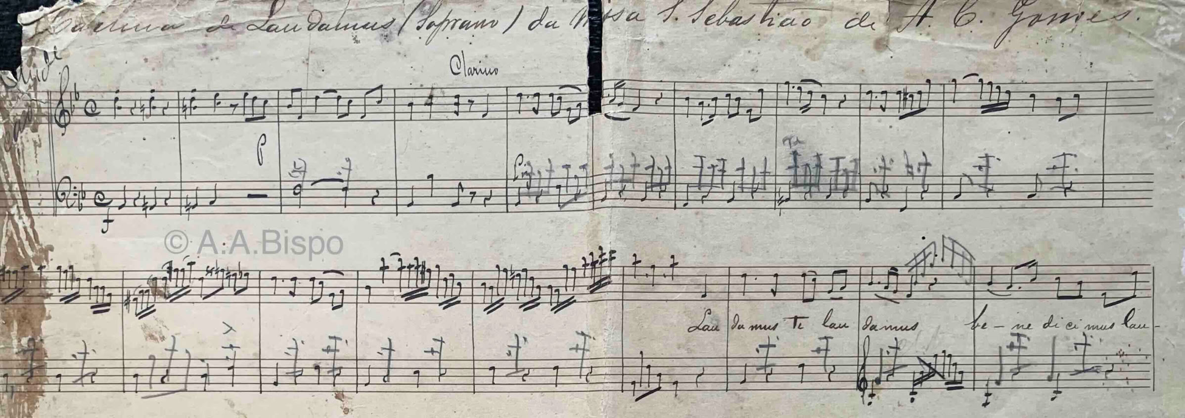 Laudamus te da Missa S. Sebastião de A.Carlos Gomes. Parte de regência. Descoberta no início da década de 1960 em S. Paulo em pesquisas de fontes por A.A.Bispo. Foi copiada em fins do século XIX por músico da irmandade de N.S. dos Remédios em São Paulo. A veneração do mártir Sebastião como guia dos exércitos brasileiros foi motivo da composição da obra pelo jovem Carlos Gomes em época de tensões no sul do Brasil- Sebastião foi venerado como protetor dos exércitos imperiais na Guerra do Paraguai. No século XX, a obra era executada por ocasião das festas do mártir Sebastiã na confraria dos Remédios de S. Paulo, marcada que foi pela presença de policiais e militares. O culto de S.Sebastião relaciona-se estreitamente com a cultura religiosa de Milão, centro de estudos e atuações de Carlos Gomes.